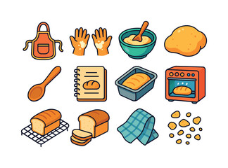 Baking Day Icons. Baking day. Colorful isometric vector icons set of baking day: apron, floury hands, mixing bowl, dough blob, wooden spoon, recipe notebook,