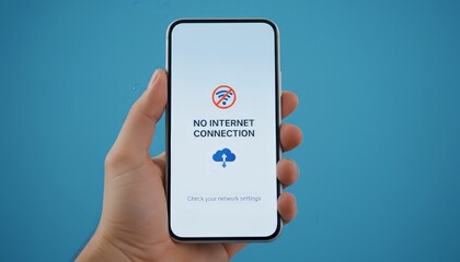 Male hand holding a modern smartphone with a no internet connection message on the screen, indicating a technical issue with network access on a blue background
