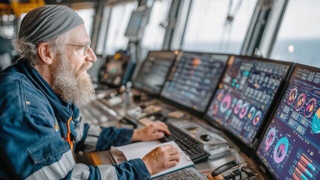 Senior Male Supervisor Reviewing Offshore Oil Production Data