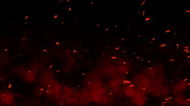 Abstract Fire Particles and Burning Embers with Glowing Sparkles, Flying Ash Flakes and Bonfire Flames &ndash; Cinematic 4K Overlay Animation for Motion Graphics and Stock Footage