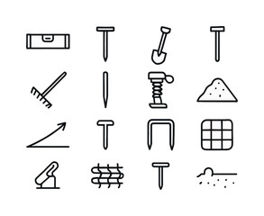 Obraz premium Terrain Icons Set. Terrain preparation. Line icon set of Terrain preparation: leveling tool, soil probe, trench shovel, grading marker, rake tool, boundary