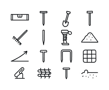 Terrain Icons Set. Terrain preparation. Line icon set of Terrain preparation: leveling tool, soil probe, trench shovel, grading marker, rake tool, boundary