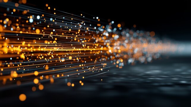 Processing abstraction of amber data streams on a dark background with light spots - Powered by Adobe