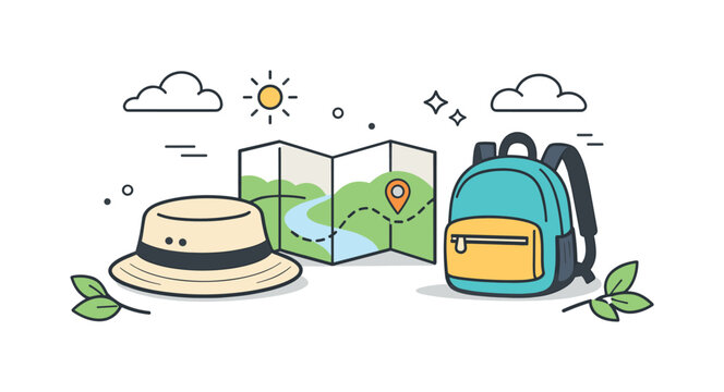 Spring Travel Essentials. Spring outdoor travel gear. Hat, map and compact backpack placed together with simple leaves and clouds. Easygoing exploration, light