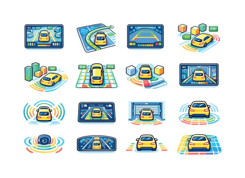 Smart Parking Icons. Smart Parking Camera. Colorful isometric vector icons set of Smart Parking Camera: AI parking view screen, auto steering path, rear camera