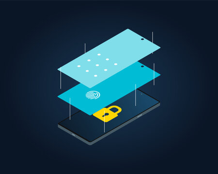 Isometric smartphone multi-layer security system. Vector 3D exploded view illustration of mobile phone with padlock, fingerprint, and pattern lock for cyber data protection concept.