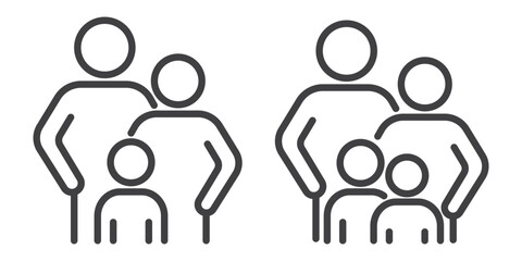 Family line icon set isolated on a transparent background, featuring parents with a child or children. Editable stroke symbols suitable for family, parenting, childcare, and lifestyle design projects.