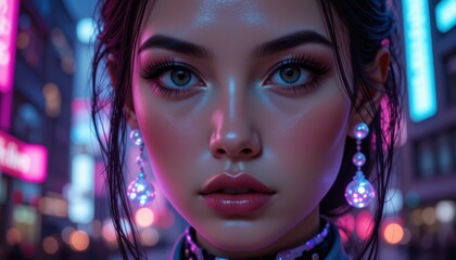 High Fashion Close Up Of Cybernetic Woman With Glowing Neon Pearl Earrings