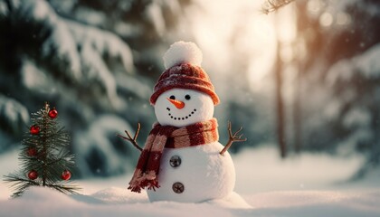 Obraz premium Snowman in a winter Christmas scene with snow, pine trees and warm light. Merry Christmas background