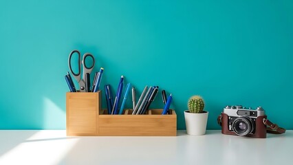 Organized workspace with essential tools and decorative elements