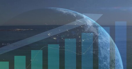 Animation of upward arrow and graphs processing data over globe and sea - Powered by Adobe