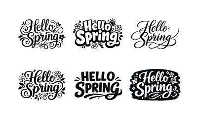 Obraz premium Spring Lettering Variations. Hello spring is coming. Set lettering. harmonious lettering variations of the same emblematic concept, each with different
