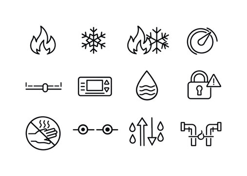 Water Temperature Icons. Water Temperature Control. Line icon set of Water Temperature Control: hot symbol, cold symbol, mix symbol, rotating dial, temperature
