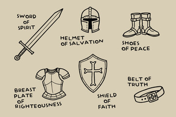 Armor of God Vector illustration. Sword of the Spirit, helmet of salvation, shield of faith. Christian faith symbols, Bible teaching art for worship, study, encouragement.