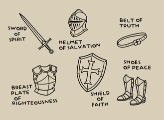 Armor of God Vector illustration. Sword of the Spirit, helmet of salvation, shield of faith. Christian faith symbols, Bible teaching art for worship, study, encouragement.