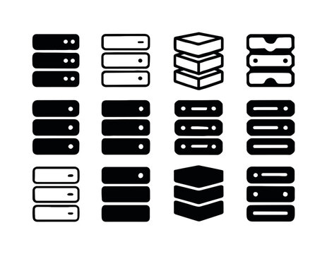Tech Startup Logos. Tech startups. Icon set. Set Logo of tech startups: data server stack. harmonious logo variations of the same emblematic concept, each with