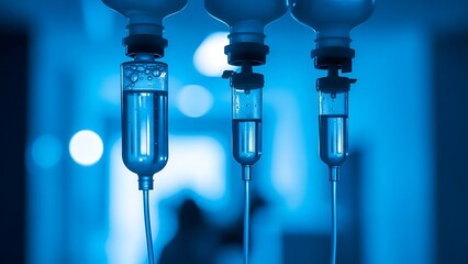 Close-up of multiple IV drip lines delivering vital intravenous fluids in a sterile hospital environment for patient treatment