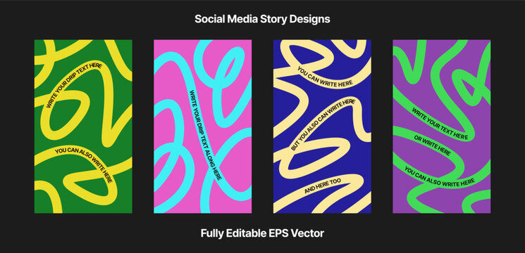 Vibrant abstract poster set with flowing line shapes in flat colors featuring  fluid wavy lines for a dynamic, modern feel, motivational design typography for social media story