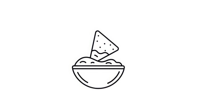 Minimalist line art icon of a tortilla chip dipping in a bowl of salsa. Mexican food snack and appetizer symbol isolated on a white background