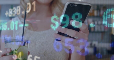 Holding smartphone with stock market data, woman enjoying drink in animation