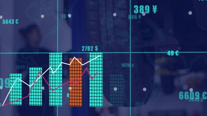 Woman holding smartphone in garage displaying finance overlay with bar graphs and currency symbols - Powered by Adobe
