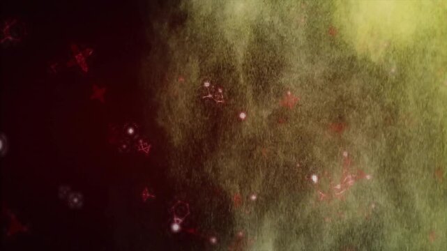Yellow-green particle cloud moving across dark red space, showing glowing red plus and star shapes