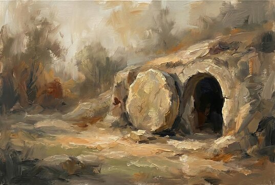 The tomb is empty Easter wall art. Resurrection of Christ painting. Empty tomb illustration. Christian faith poster with cross and light.