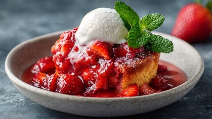 Strawberry cake cobbler served in shallow bowl, syrup pooling beautifully, minimalist backdrop
