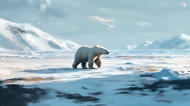 Majestic polar bear cautiously traversing vast frozen arctic tundra landscape beneath pale winter sky illustration