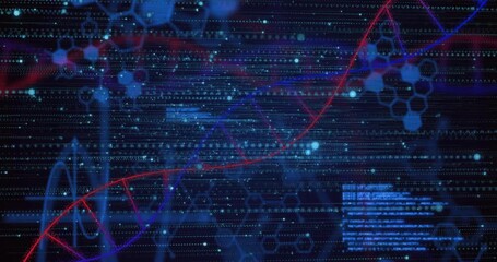 Stylized red-blue DNA helix rotating over data streams with glowing particles floating in 3D render - Powered by Adobe