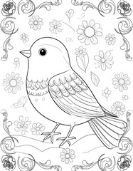 Fototapeta premium Line art illustration of a cute bird surrounded by flowers