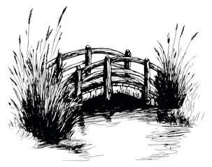 Hand drawn line art illustration of a wooden bridge depicting it spanning water amidst tall grass for a peaceful nature scene