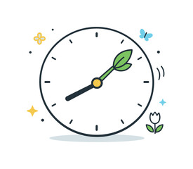 Springtime Renewal Clock. Symbolic Visuals: Clock Pointing to Spring. Simple round clock with the hand aligned to a blooming leaf instead of numbers. Soft