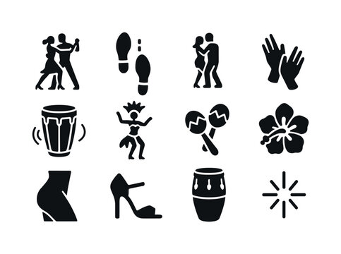 Latin Dance Icons. Latin dance. Solid icon set of Latin dance: salsa couple, cha-cha steps, bachata silhouette, rumba hands, merengue rhythm, samba dancer,