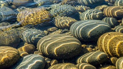 Clear water flows over beautifully patterned river rocks, showcasing sunlight reflections and tranquil natural textures. Smooth striped pebbles create a serene underwater background.