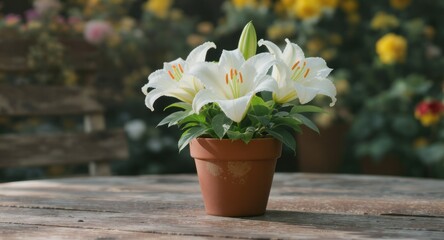 Fototapeta premium Close-up of potted white lilies on a rustic wooden table with a blurred garden background