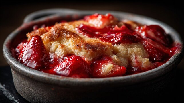 Strawberry cake cobbler with caramelized strawberry edges, dramatic moody lighting