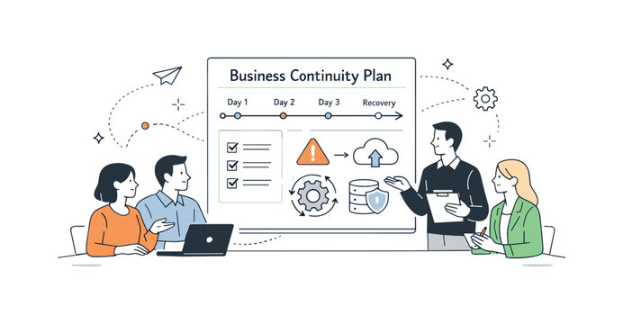 Business Continuity Strategy. Business continuity planning. Team reviewing a continuity plan with timelines, checklists, and backup icons, preparing for