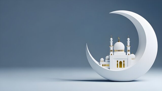 Islamic mosque inside a white crescent moon on blue background for Ramadan Kareem and Eid Mubarak celebrations with copy space