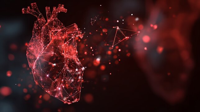 A digital illustration of a human heart made of red lines and dots on a dark background