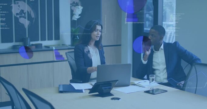 Woman bringing up data on laptop explaining business metrics floating overlays emerging around peer