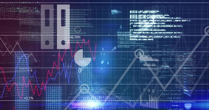 Fading monitor frame triggers graphs sliding, bars rising and pie displaying, revealing metrics