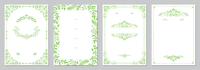Set of four elegant green floral frames and borders, perfect for invitations, greeting cards, and certificate designs, featuring botanical motifs and intricate scrollwork on white backgrounds