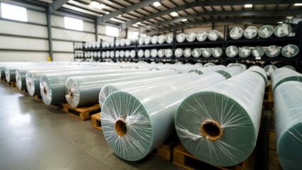 Fiberglass rolls wrapped in protective plastic stored on wooden pallets inside spacious industrial warehouse, prepared for logistics or sale operations in modern factory environment