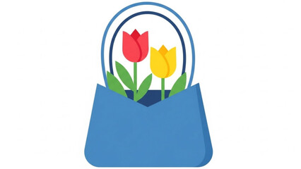 Blue Handbag with Red and Yellow Tulips Isolated on White Background