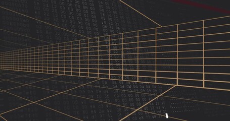 3D golden grid corridor starting static then getting streaming code columns simulating data tunnel - Powered by Adobe