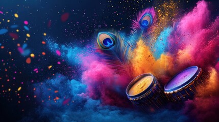 Colorful Holi powder in bowls with a vibrant splash, celebrating the Indian Holika Dahan festival, festive banner style with copy space.