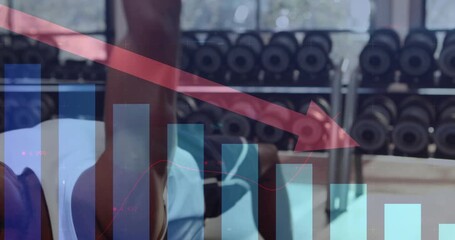 Gymgoer pressing dumbbell up on bench, causing vertical bars and red down arrow tracking fitness