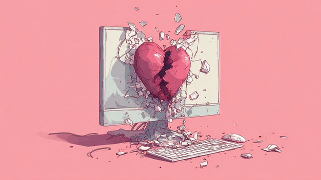 A broken heart emerges from a shattered computer screen on a pink background