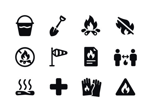 Outdoor Fire Safety Icons. Fire safety outdoors. Solid icon set of fire safety outdoors: water bucket, shovel tool, fire ring icon, extinguish flame, no fuel